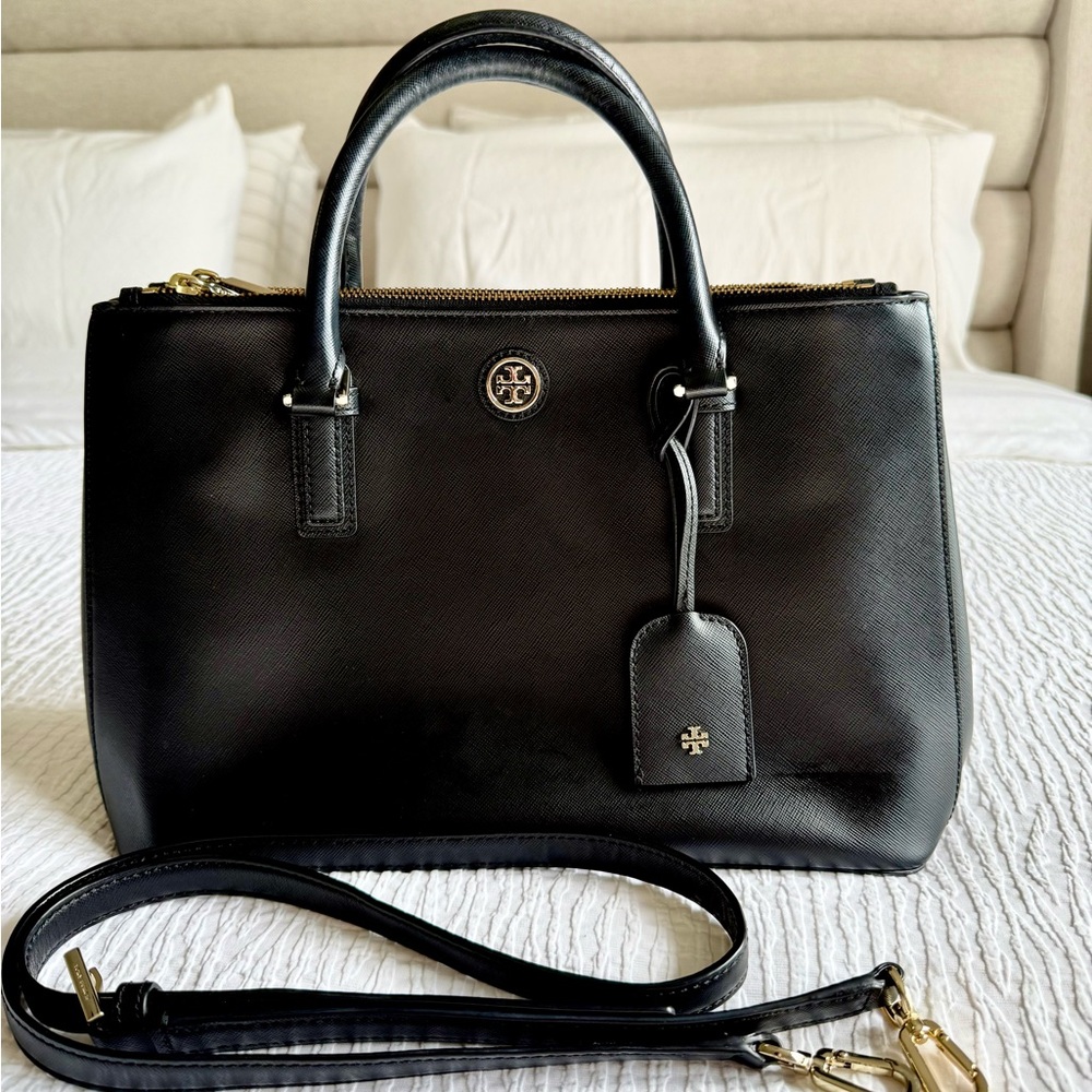 Authentic Tory Burch Black Leather Tote with Gold Logo - Picture 8 of 11